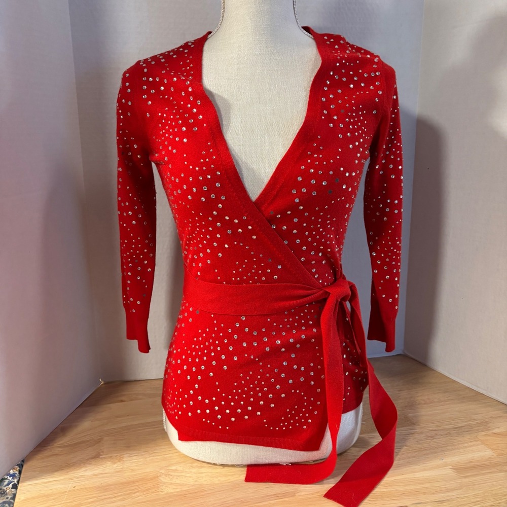 BOSTON PROPER Red Embellished Wrap Cardigan Sweater XXS Sparkle Tie Waist New - Picture 2 of 11